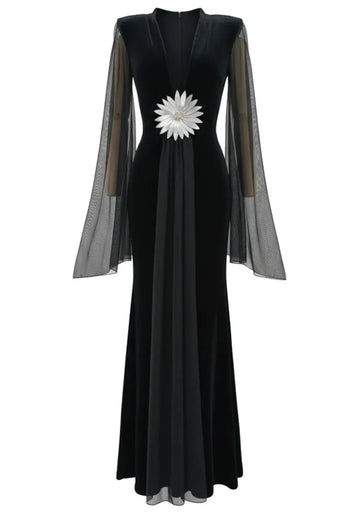 Mesh Sleeves Floral Maxi Velvet Dress Black