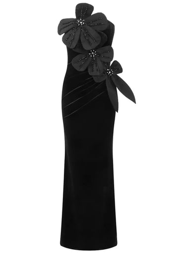 Strapless Floral Detail Maxi Velvet Dress Black