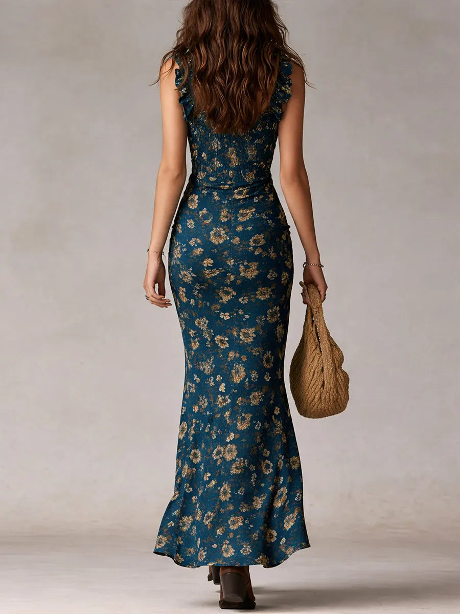 Bohemian Navy Printed Maxi Dress with Ruffled Sleeves
