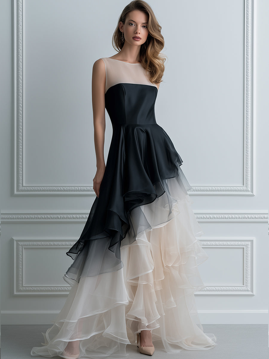Black-to-Ivory Ombré Illusion Tiered Ruffle Maxi Gown