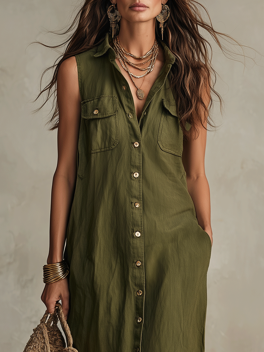 Effortless Olive Boho Button-Down Maxi Shirt Dress