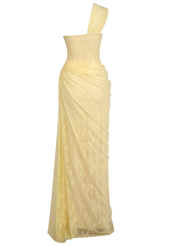 One Shoulder Draped Lace Maxi Dress Yellow
