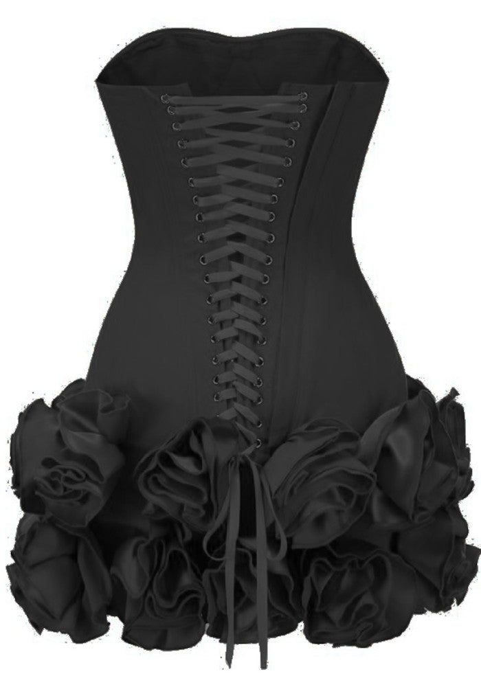 Strapless Corset Floral Ruffle Dress Black