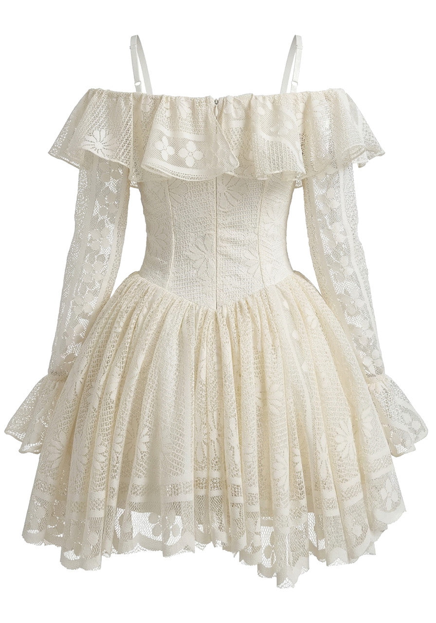 Long Sleeve Ruffle Floral A Line Dress Ivory
