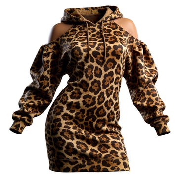 Women's Vintage Leopard Print Off-Shoulder Hoodie Dress
