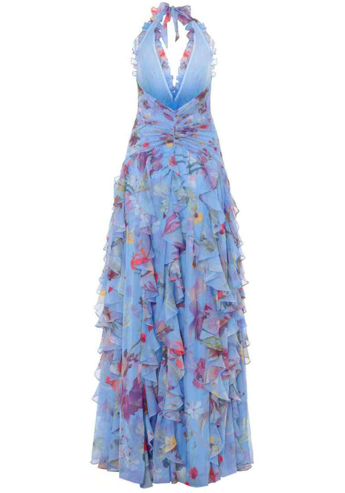 Halter Floral Ruffle Maxi Dress Blue