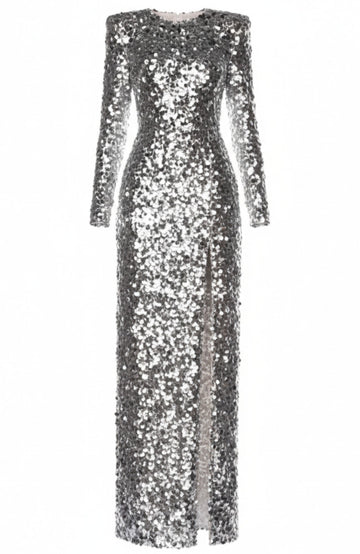 Long Sleeve Sequin Backless Maxi Dress Silver