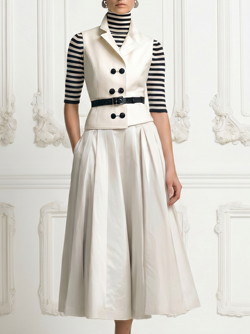 Ivory Peak Lapel Double Breasted Sleeveless Vest & A-Line Midi Skirt Three-Piece Suit Set