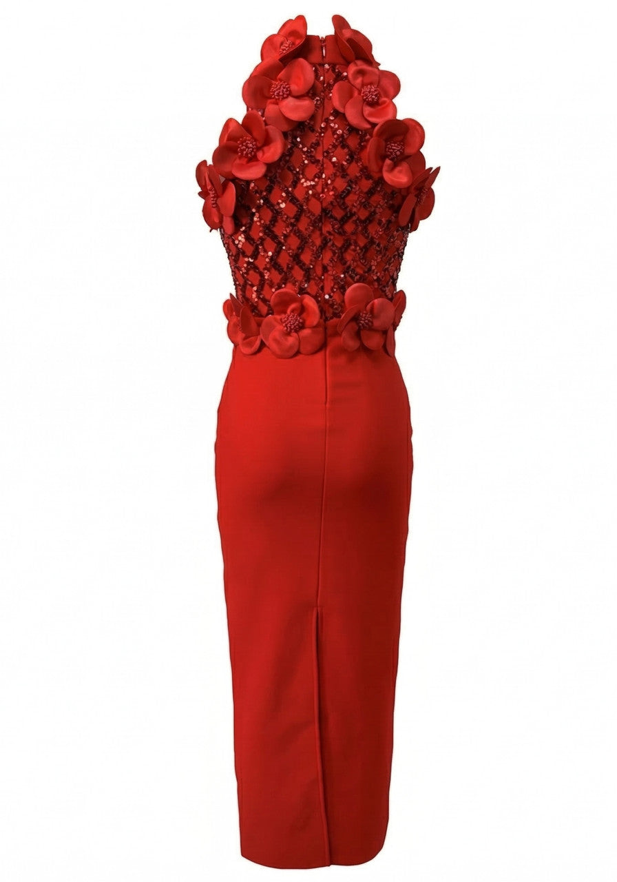 Floral Sequin Maxi Dress Red