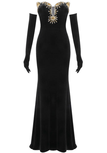 Strapless Crystal Embellished Maxi Velvet Dress Black