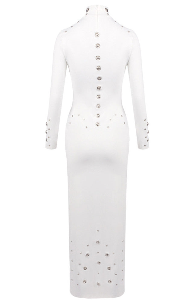 Long Sleeve Studded Maxi Dress White