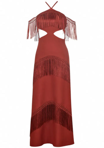 Halter Fringe Maxi Dress Rust