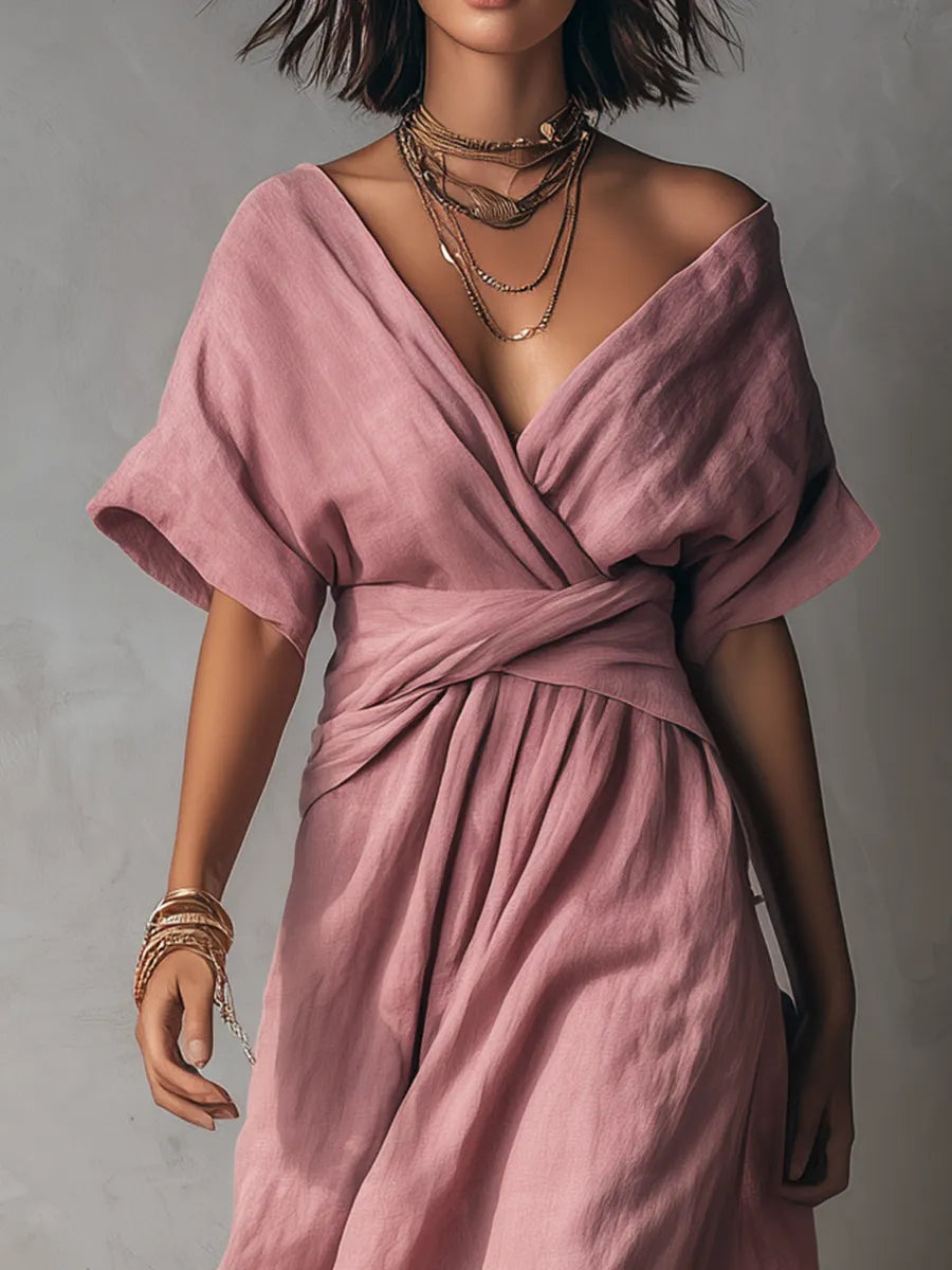 Elegant Wrap V-Neck Belted Maxi Dress