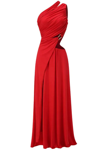 One Shoulder Ruched Cut Out Maxi Dress Red