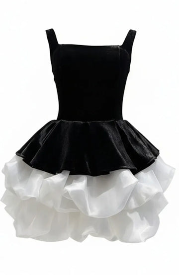 Puff Corset Velvet Dress Black White