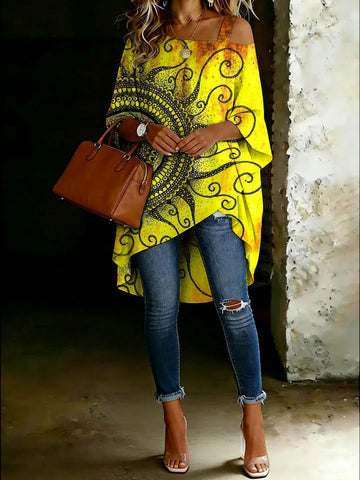 Women's The Sun Print Cold Shoulder Asymmetrical Hem Blouse