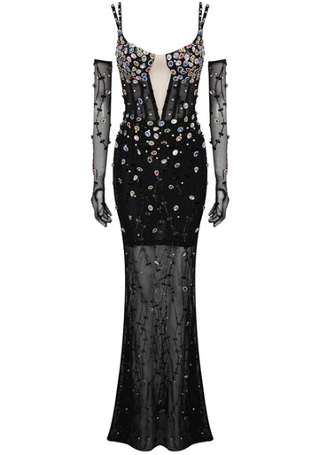 Crystal Sequin Bustier Maxi Dress Black