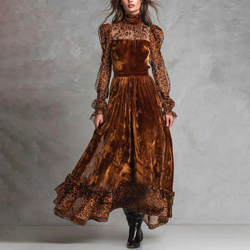 Velvet And Sheer Leopard Patchwork Maxi Dress