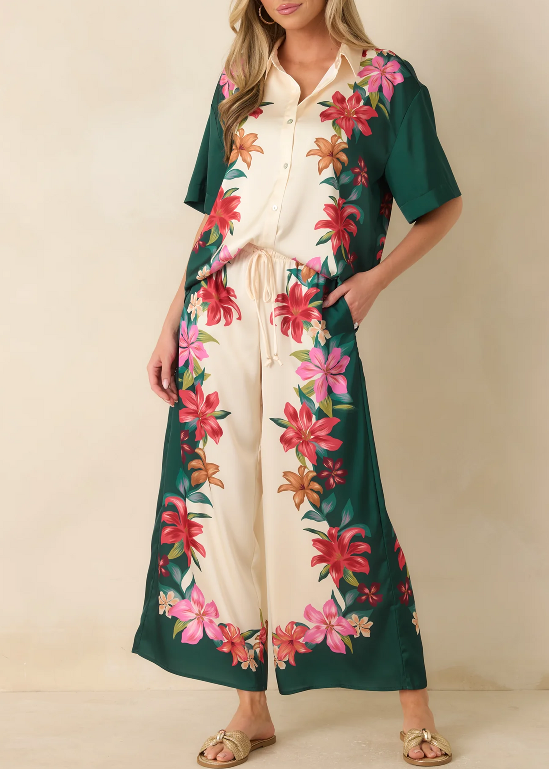 Beige Print Shirt Wide Leg Pant Set