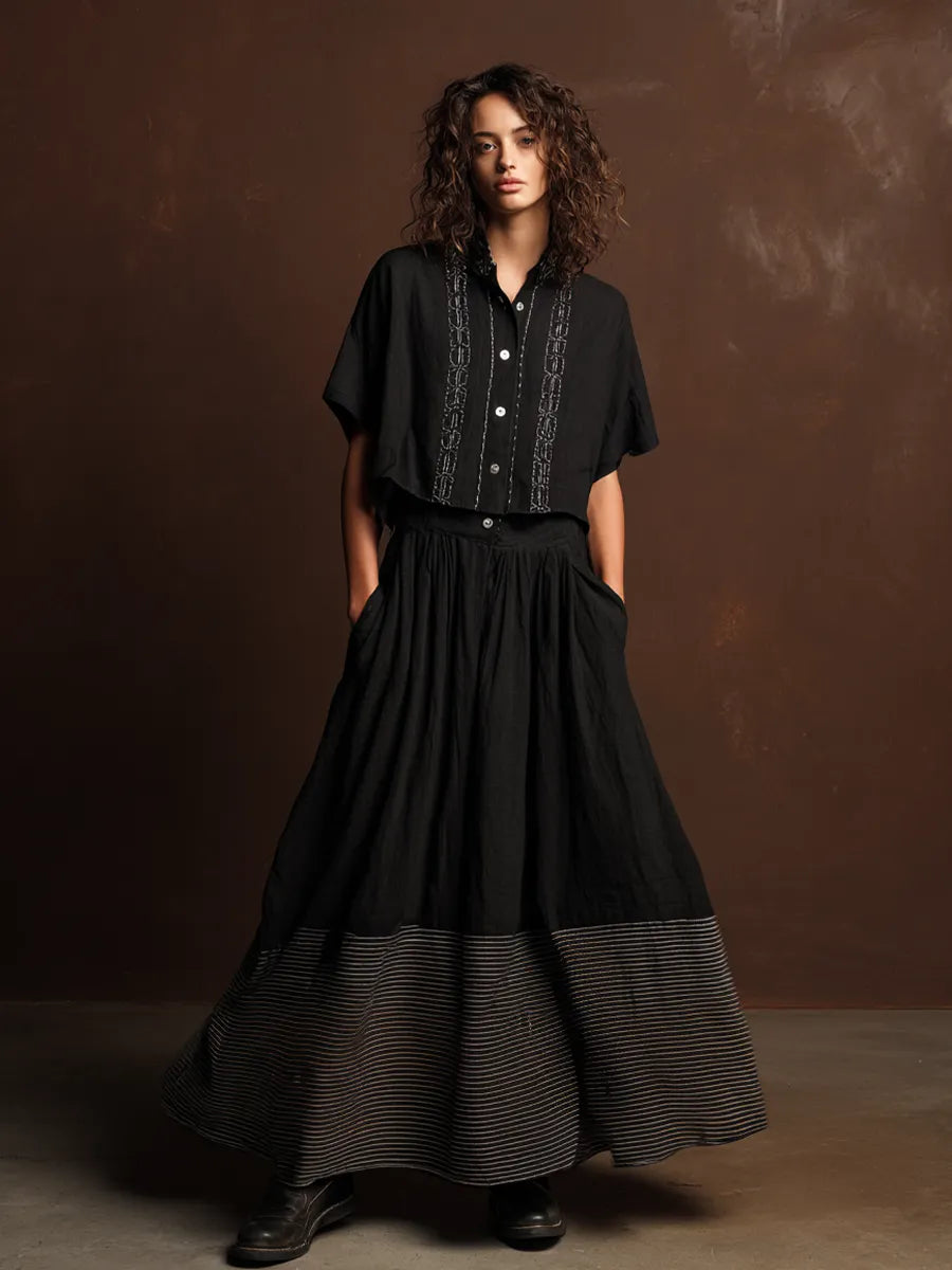 Women's Retro Style Black Cotton Linen Embroidered Short-Sleeve Top And Black Cotton Linen Striped Long Dress Set MDZ1782D5GMJ