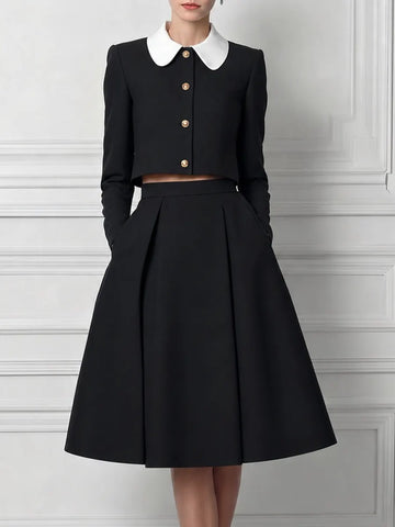 Black Contrast White Peter Pan Collar Cropped Jacket & High Waist A-Line Midi Skirt Two-Piece Set
