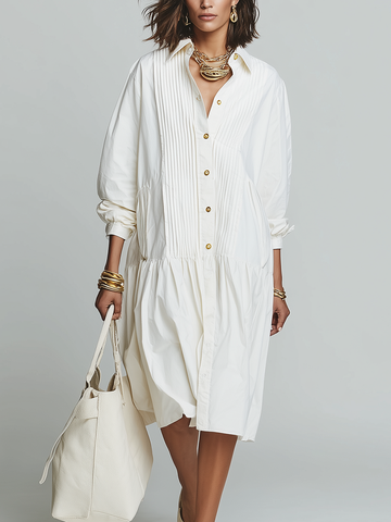 Elegant White Pleated Shirt-Style Midi Dress