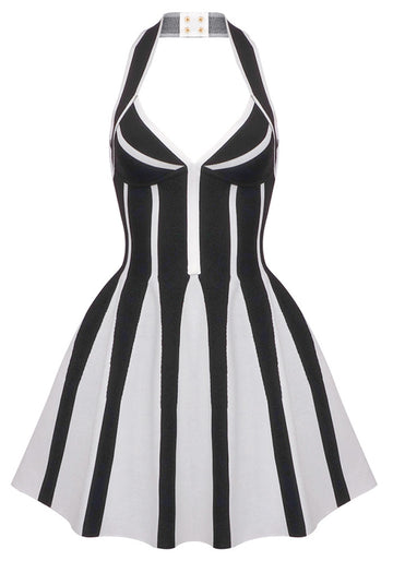 Halter A Line Dress Black White