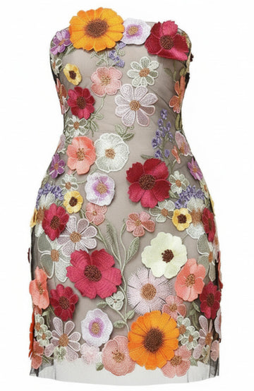 Strapless Floral Detail Dress Grey