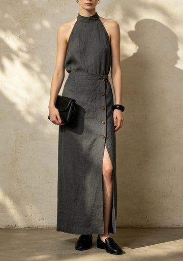 Women's Halter Neck Tank Top & Button Front Maxi Skirt Set