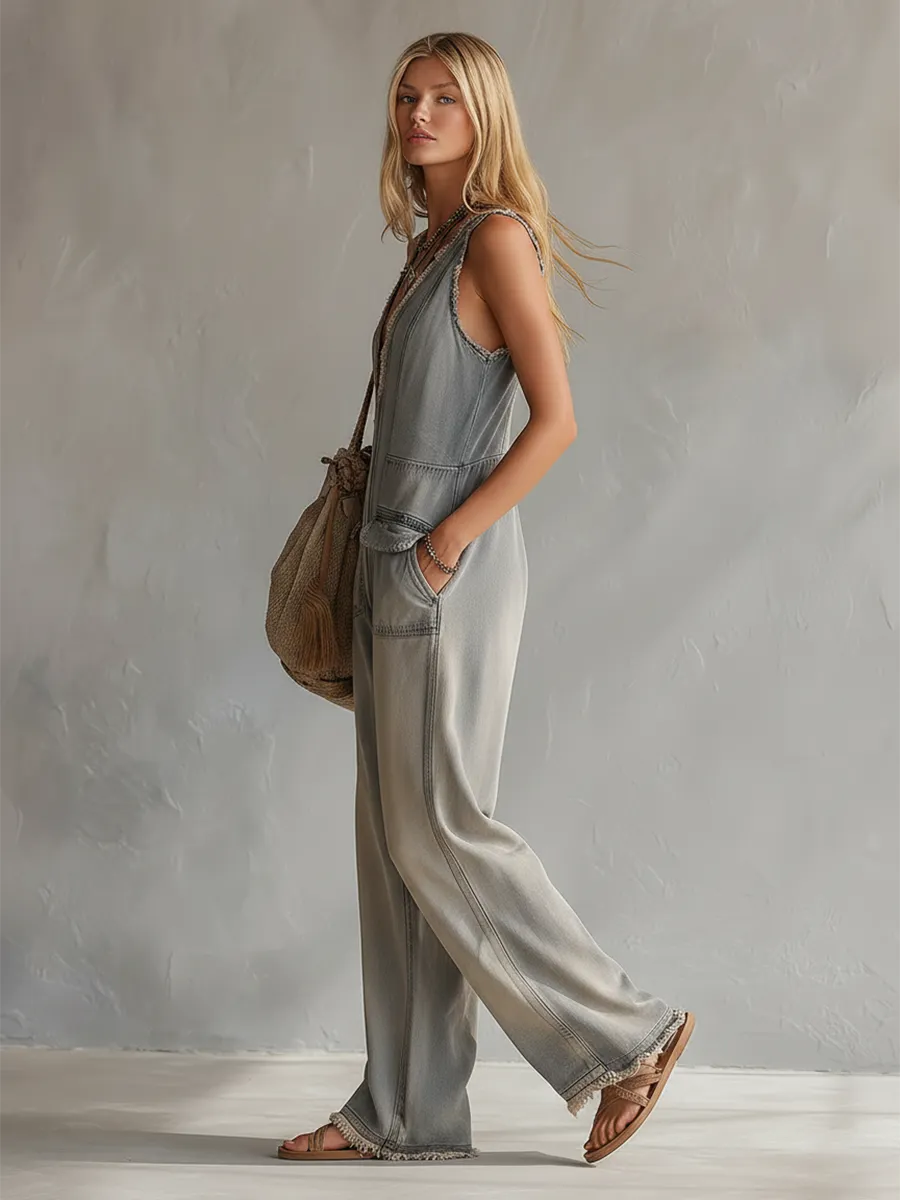 Retro Casual Distressed Gray-Blue Raw Hem Denim Jumpsuit