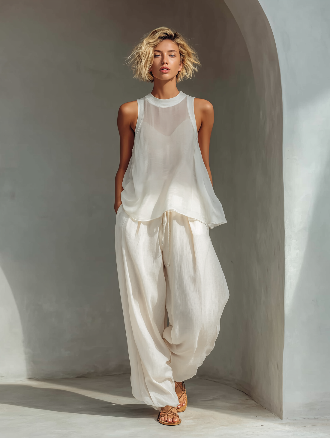 Women's Cream Two-Piece Set With Semi-sheer Chiffon Sleeveless Top & Cotton And Linen Blend Drawstring Wide-Leg Trousers MDZ1039C4T