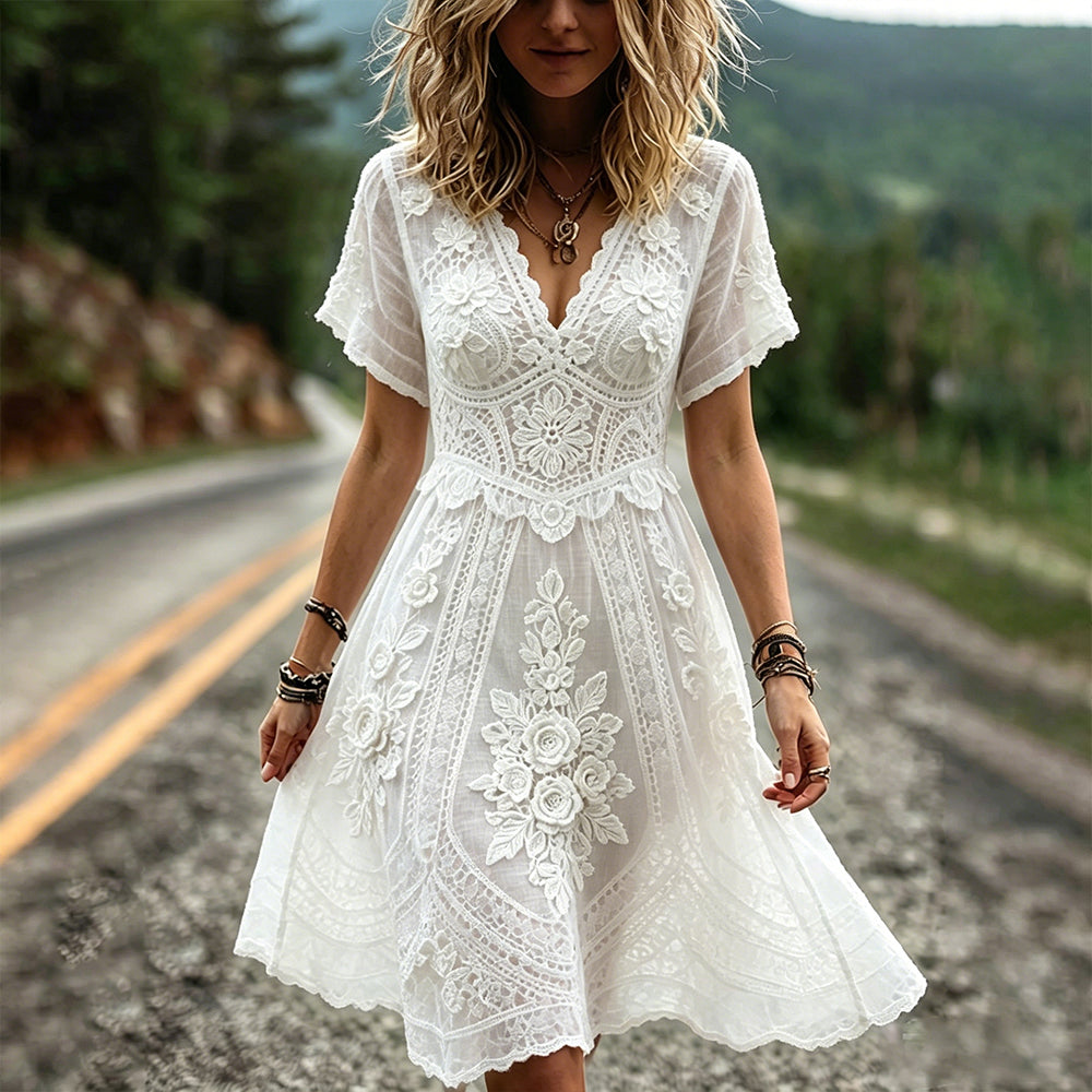 Vintage Floral Lace Patchwork Art V Neck Linen Midi Dress
