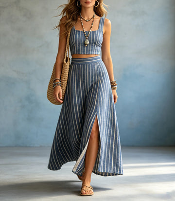 Women's Off-Shoulder Denim-Look Maxi Dress with Eyelet Lace Details