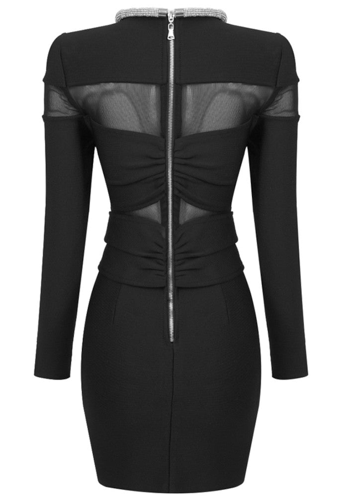 Long Sleeve Crystal Neckline Mesh Dress Black