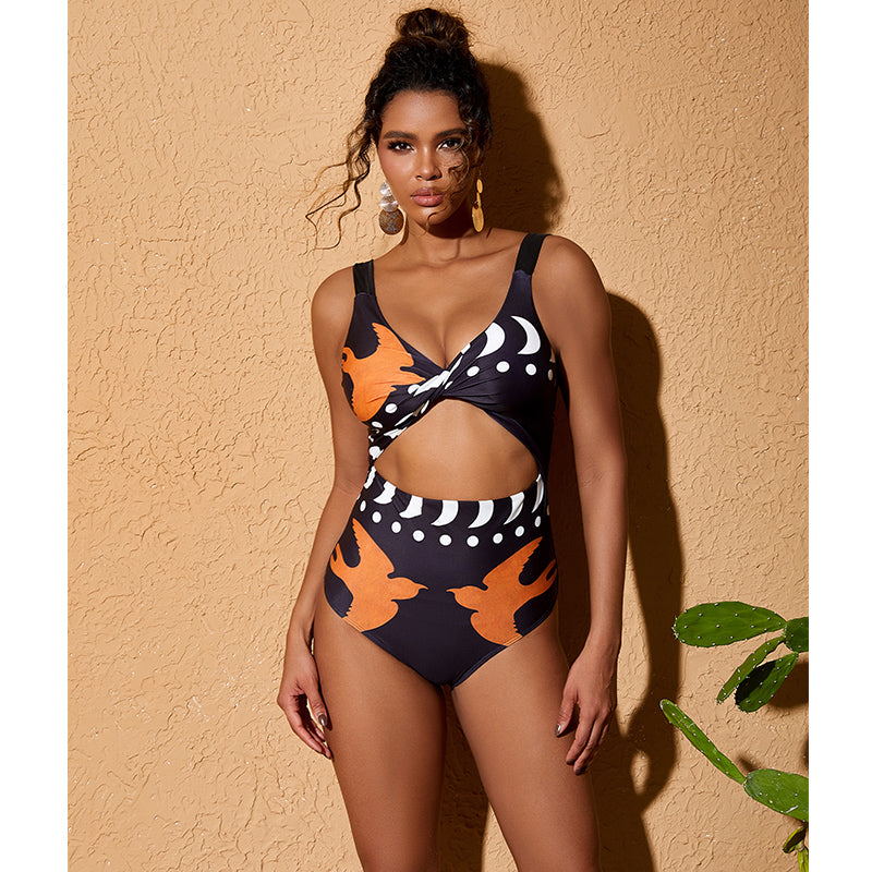 V Neck Cut Out Printed One Piece Swimsuit and Skirt