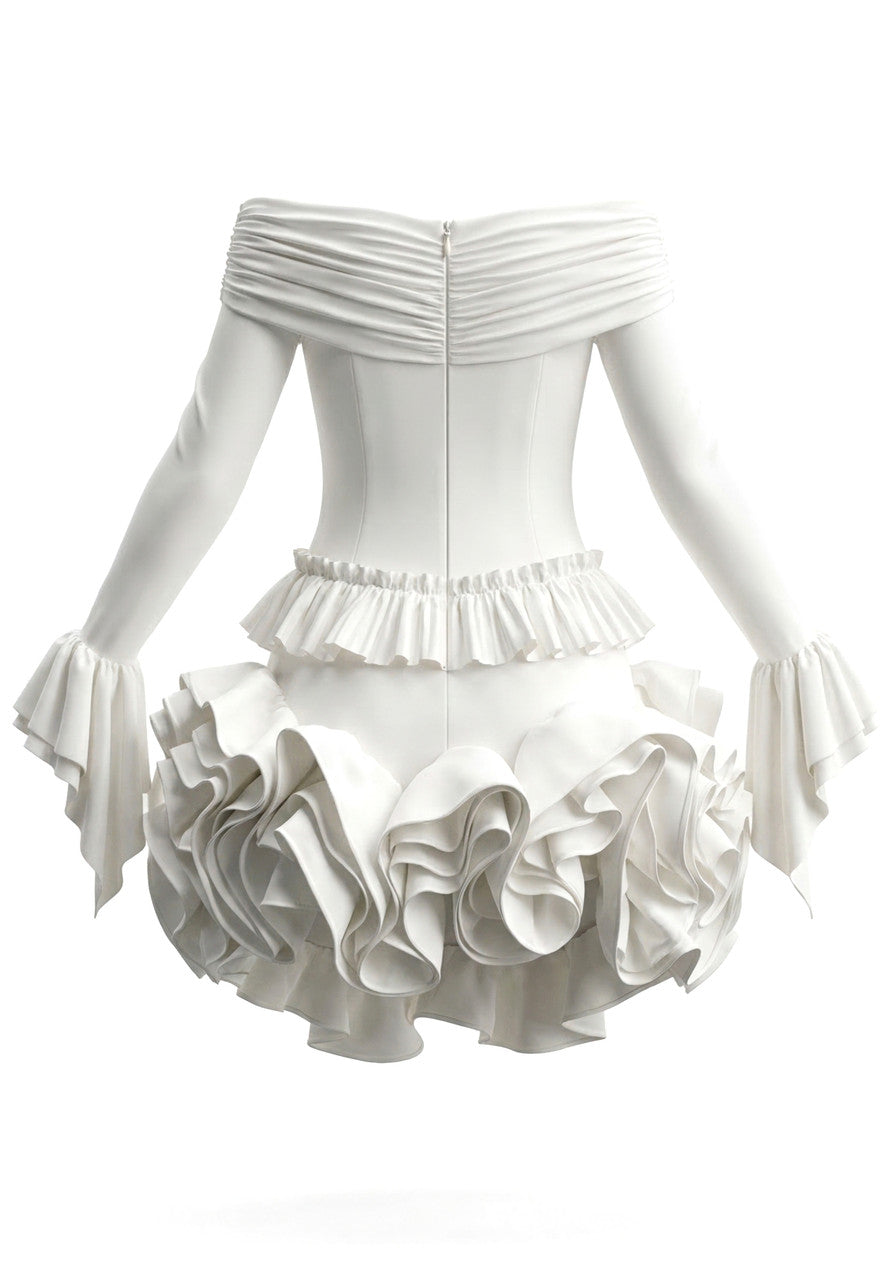 Long Sleeve Bardot Floral Ruffle Two Piece Dress White