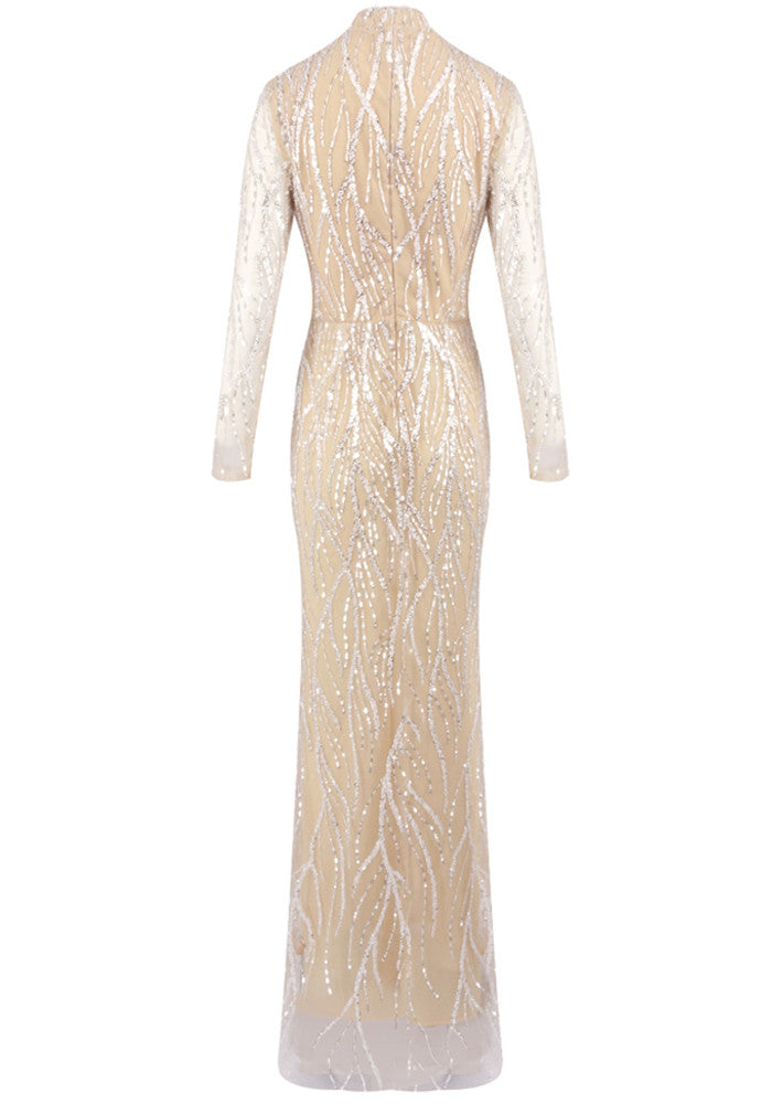 Long Sleeve Sequin Pearl Maxi Dress Nude