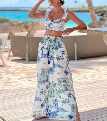 Sling Ruffle Printed  High Waist Bikini Swimsuit and Pants