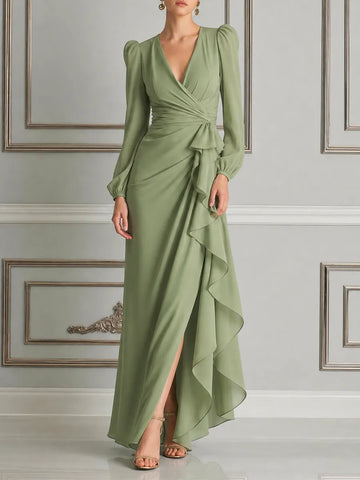 Green Dress Fall Wedding Guest Dress Wrap Ruffle Slit Maxi Dress