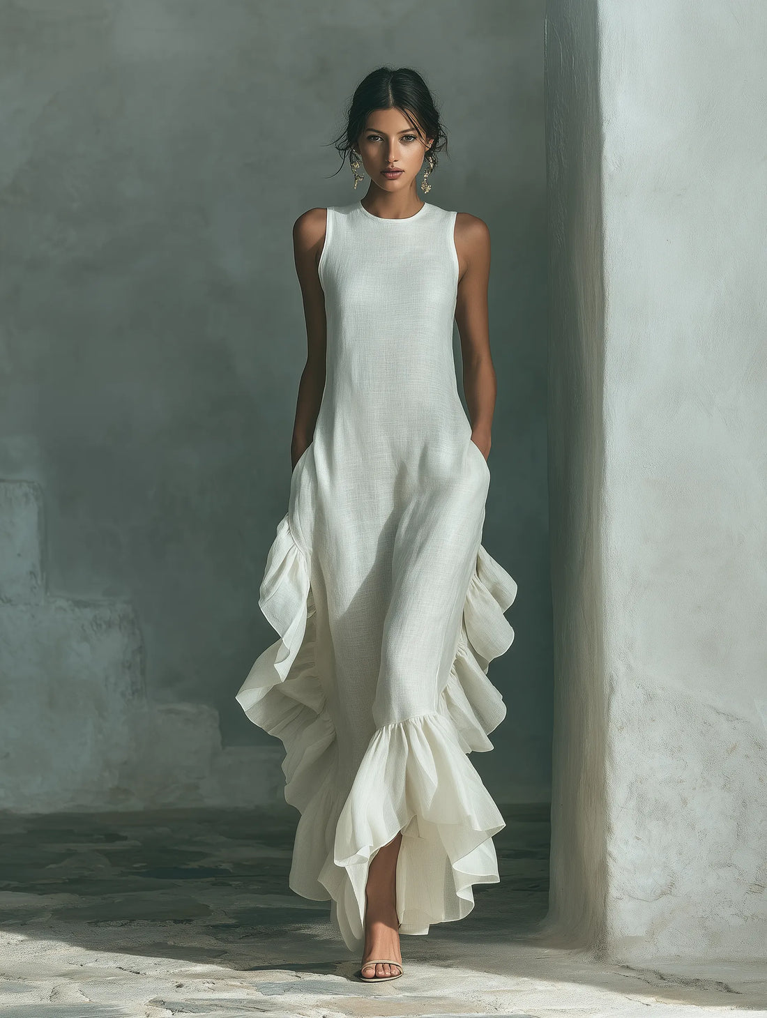 Women's Ivory Linen Fabric Sleeveless Maxi Dress With Round Neck & Ruffle Hem MDZ0973B9T
