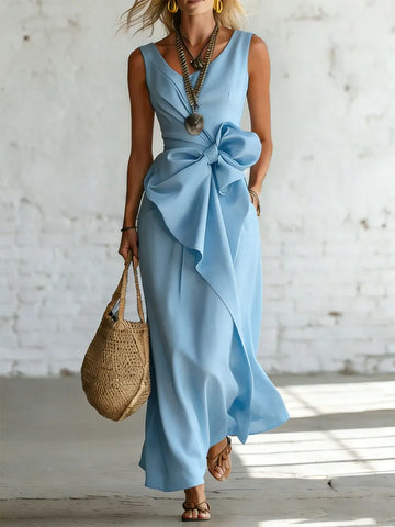 Women's Bowknot Decoration Solid-color Sleeveless Dress