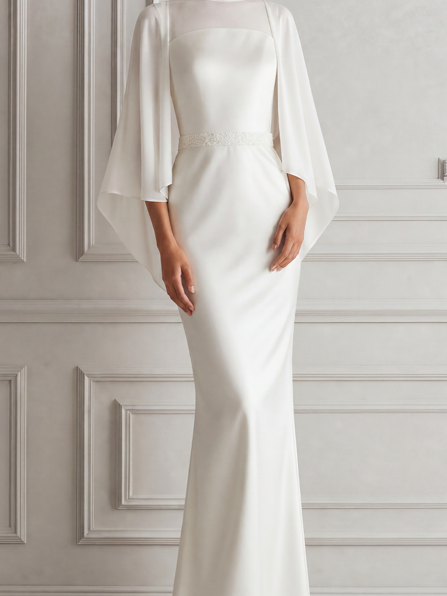 White Dress Sheer Cape Sleeve Column Maxi Dress