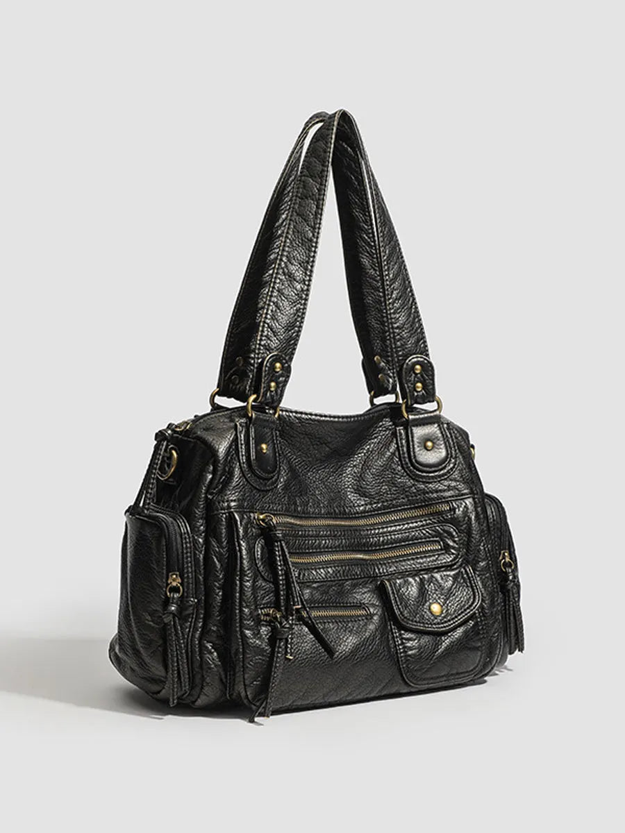Women's Fashionable Distressed Multi-pocket Leather Handbag MDA0889H1Y