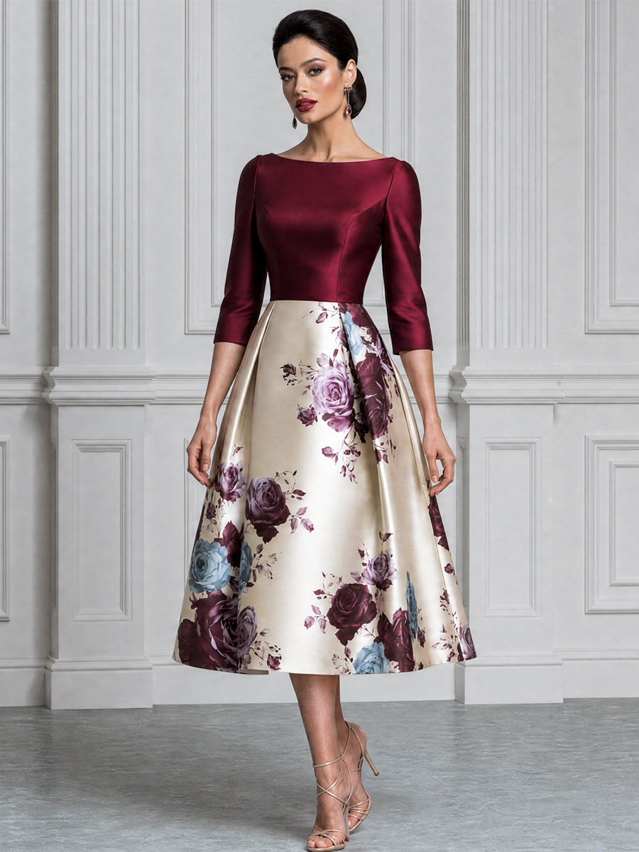 Burgundy Satin Bodice Floral Print A-Line Midi Dress