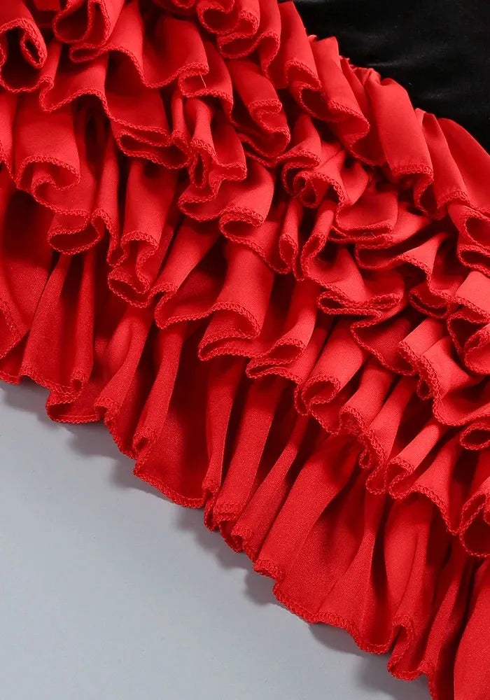 Halter Ruffle Velvet Midi Dress Black Red