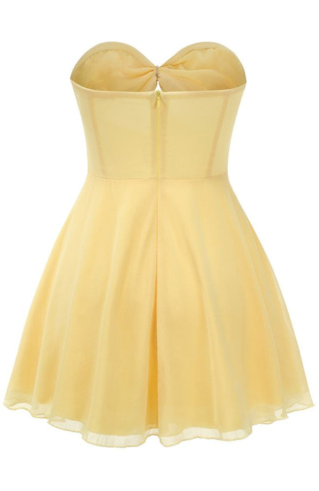 Strapless Ruched A Line Dress Yellow