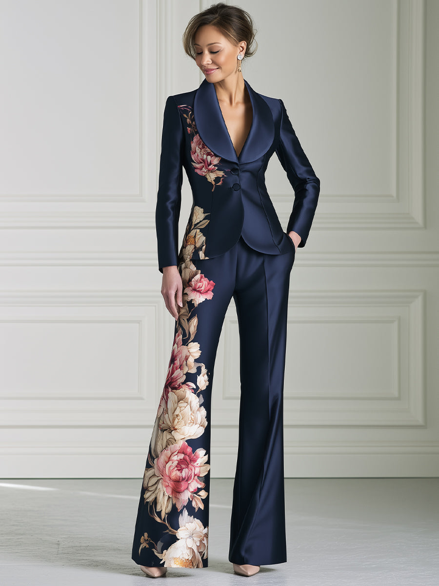 Vintage Floral Print Satin Blazer And Flared Trouser Two-Piece Set