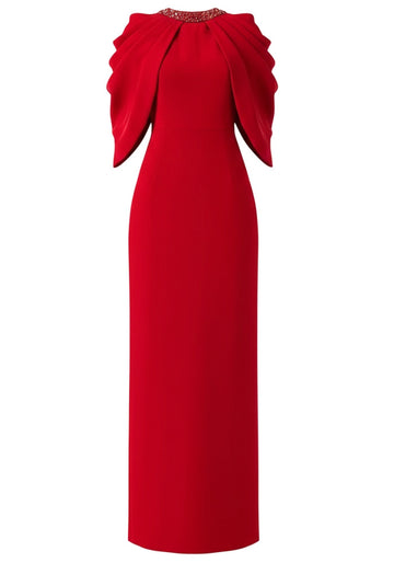 Crystal Neckline Draped Maxi Dress Red