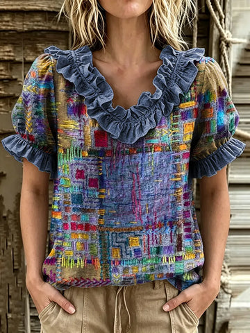 Women's Ethnic Patchwork Print Ruffle V-neck Puff Sleeve Top