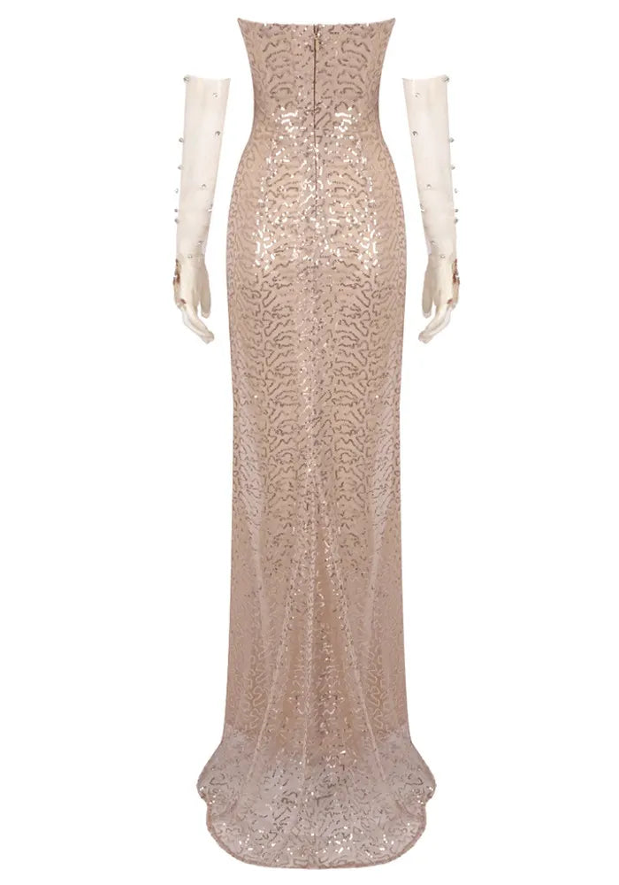 Strapless Crystal Sequin Corset Maxi Dress Nude